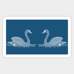 Beautiful Swan Birds in Love - water bird drawing - on dark blue Magnet